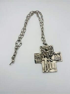 Vintage German Religious Cross Pendant Necklace – Joshua 24:15 – Biblical Scene